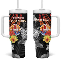 Personalised French Polynesia Bastille Day Tumbler With Handle Tropical Turtle Hibiscus Polynesian Pattern LT05 One Size: 40 oz Black - Polynesian Pride