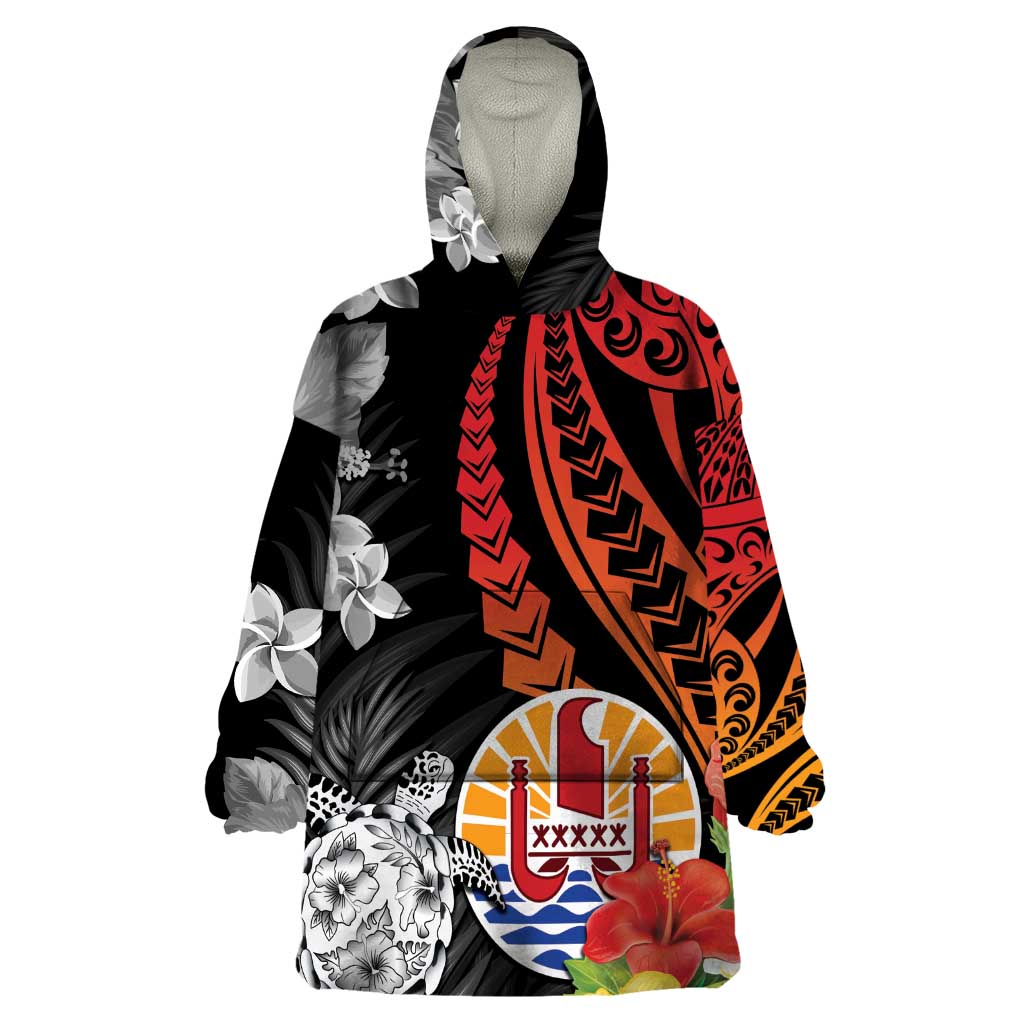 French Polynesia Bastille Day Wearable Blanket Hoodie Tropical Turtle Hibiscus Polynesian Pattern LT05 One Size Black - Polynesian Pride