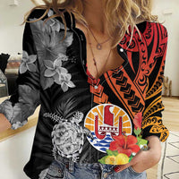 French Polynesia Bastille Day Women Casual Shirt Tropical Turtle Hibiscus Polynesian Pattern