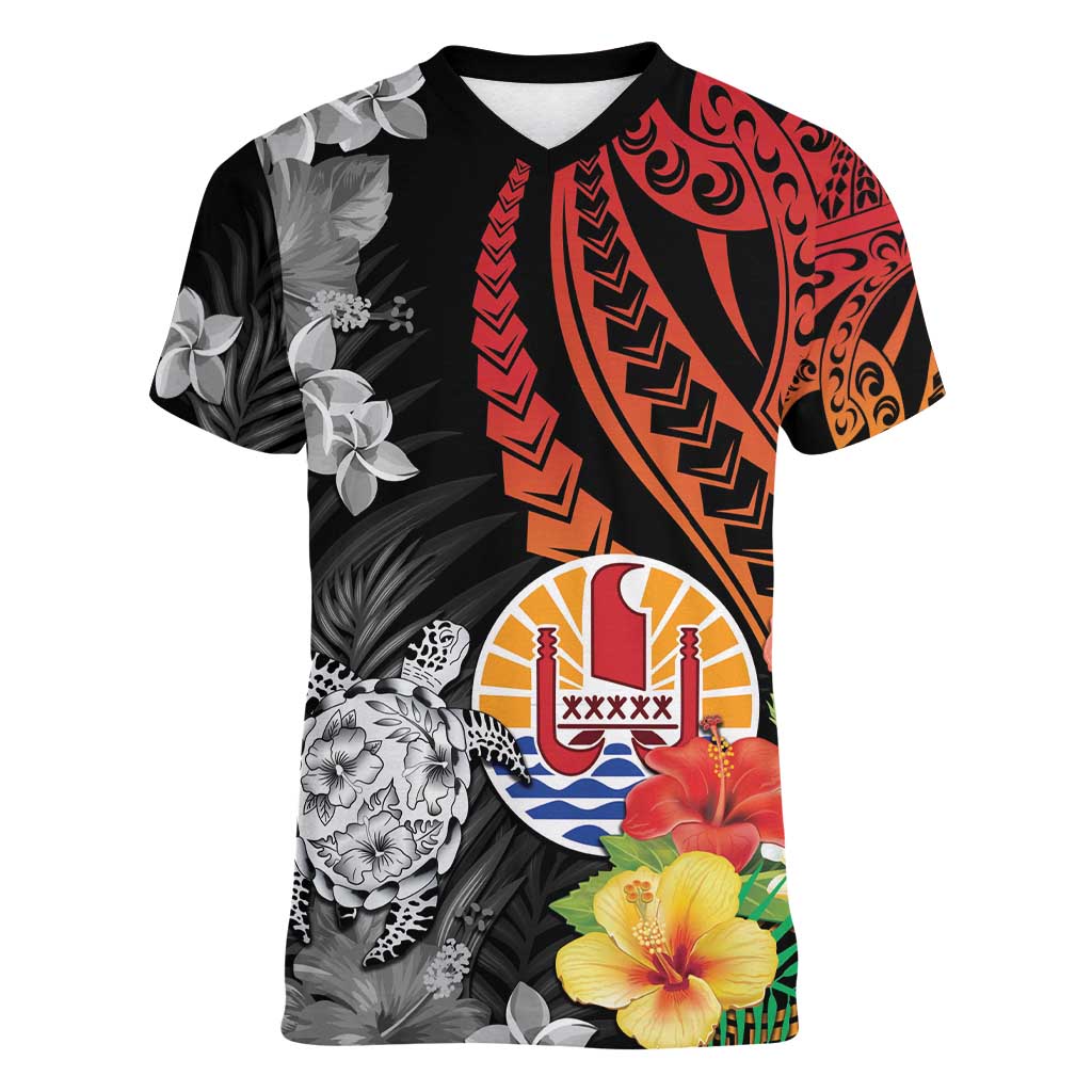 French Polynesia Bastille Day Women V-Neck T-Shirt Tropical Turtle Hibiscus Polynesian Pattern