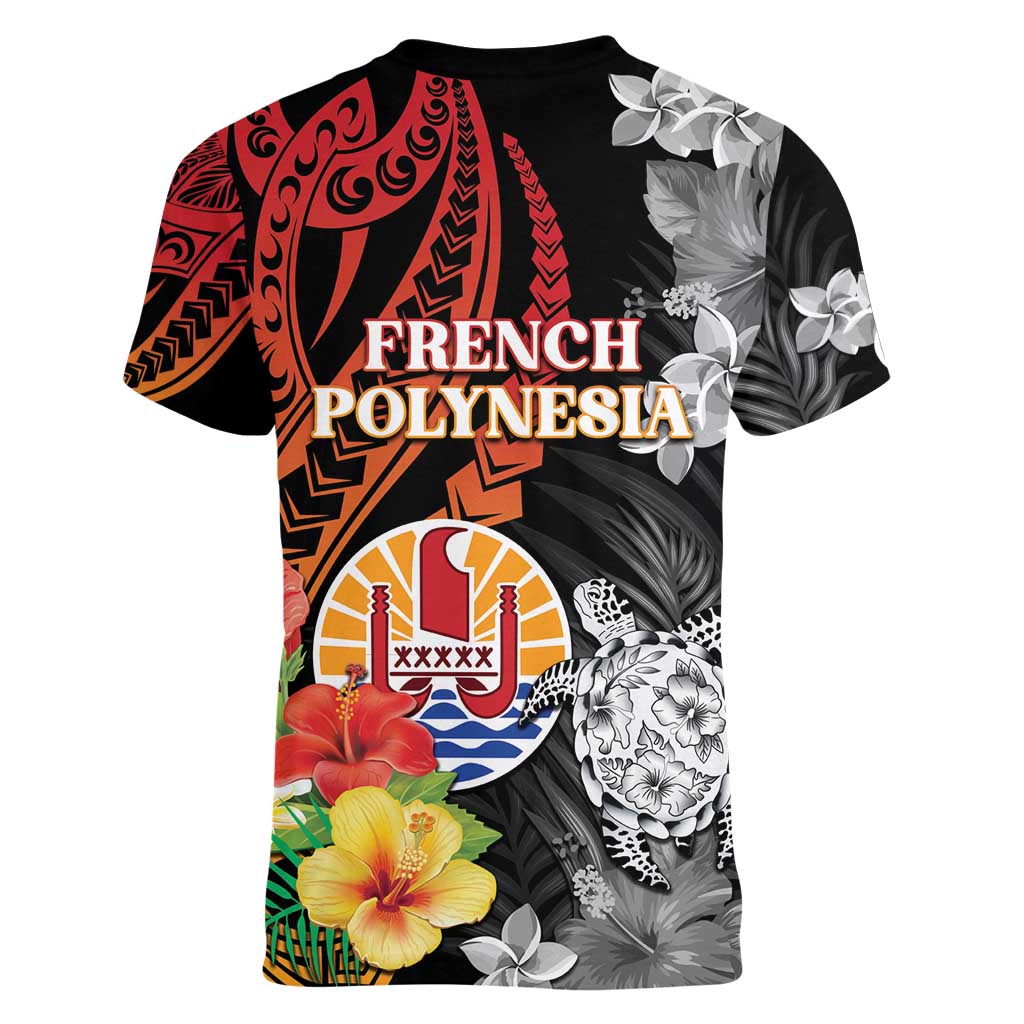 French Polynesia Bastille Day Women V-Neck T-Shirt Tropical Turtle Hibiscus Polynesian Pattern