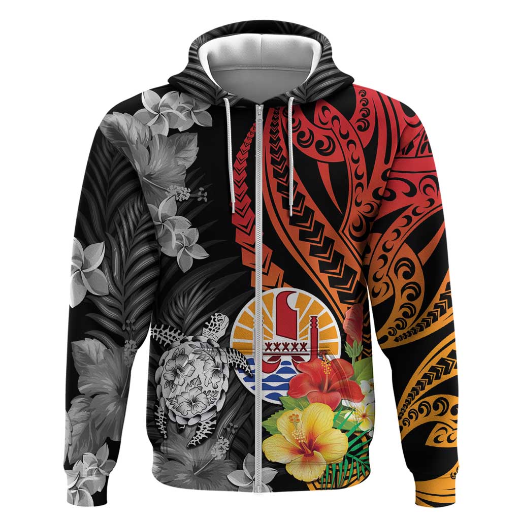 French Polynesia Bastille Day Zip Hoodie Tropical Turtle Hibiscus Polynesian Pattern