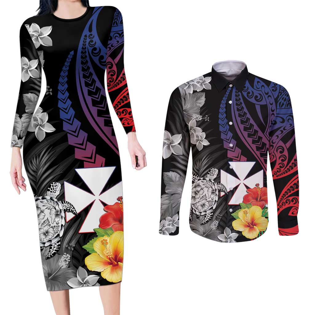 Wallis and Futuna Bastille Day Couples Matching Long Sleeve Bodycon Dress and Long Sleeve Button Shirt Tropical Turtle Hibiscus Polynesian Pattern