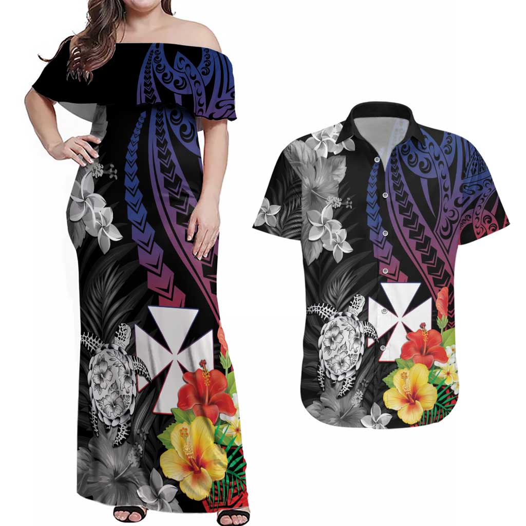 Wallis and Futuna Bastille Day Couples Matching Off Shoulder Maxi Dress and Hawaiian Shirt Tropical Turtle Hibiscus Polynesian Pattern