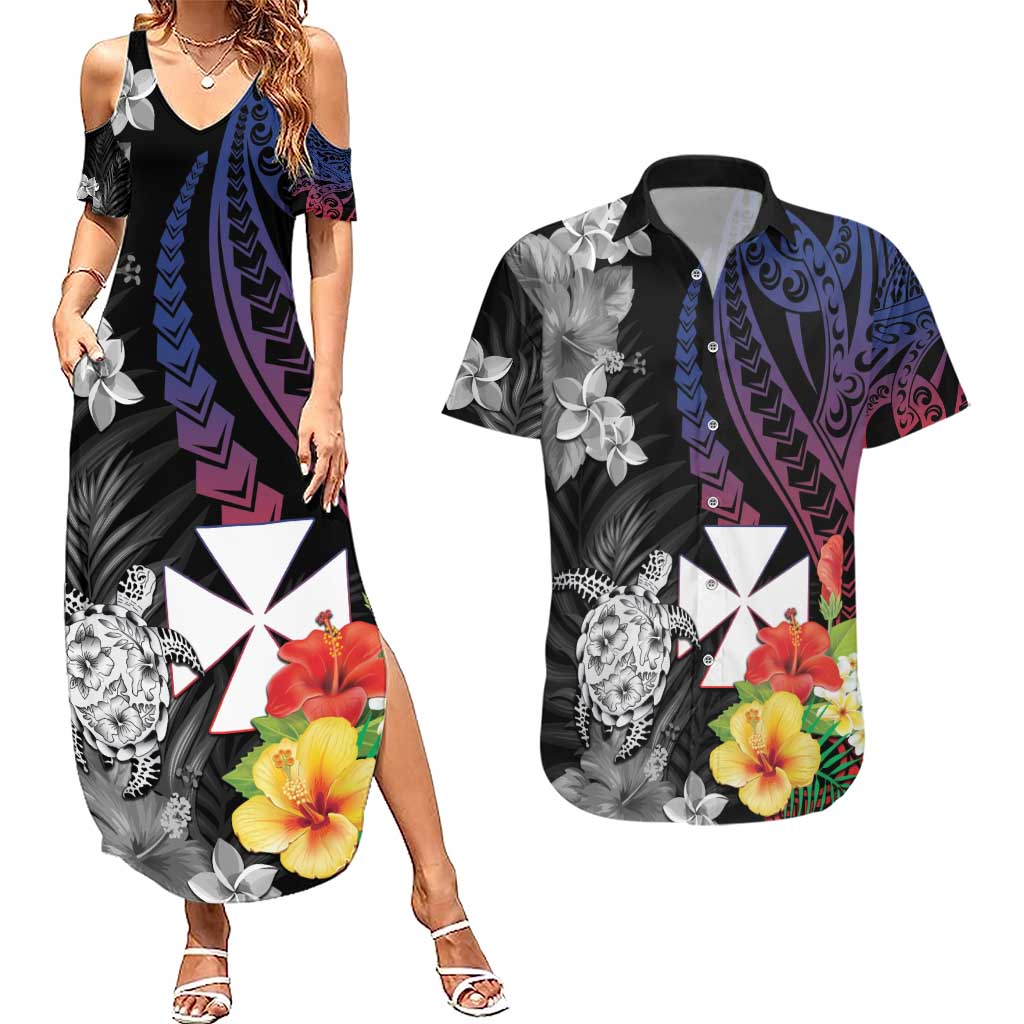 Wallis and Futuna Bastille Day Couples Matching Summer Maxi Dress and Hawaiian Shirt Tropical Turtle Hibiscus Polynesian Pattern