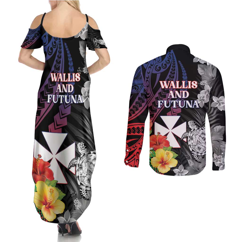 Wallis and Futuna Bastille Day Couples Matching Summer Maxi Dress and Long Sleeve Button Shirt Tropical Turtle Hibiscus Polynesian Pattern