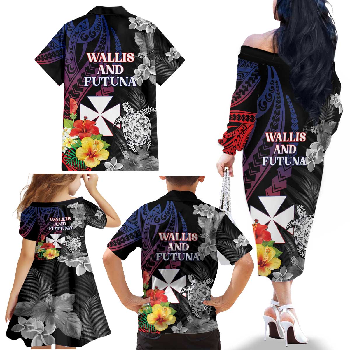 Wallis and Futuna Bastille Day Family Matching Off The Shoulder Long Sleeve Dress and Hawaiian Shirt Tropical Turtle Hibiscus Polynesian Pattern