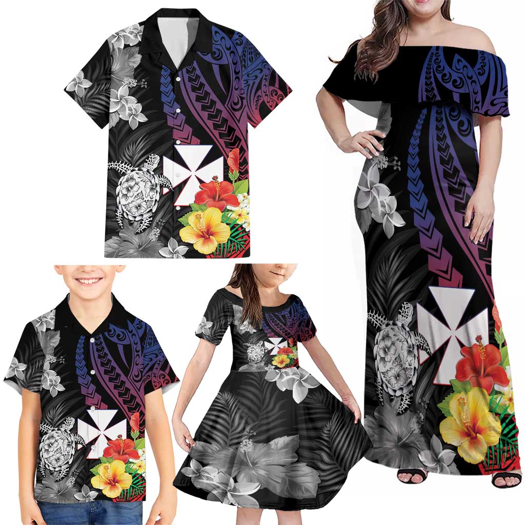 Wallis and Futuna Bastille Day Family Matching Off Shoulder Maxi Dress and Hawaiian Shirt Tropical Turtle Hibiscus Polynesian Pattern