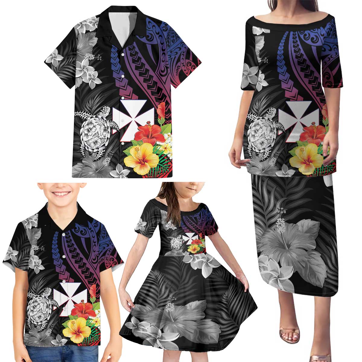 Wallis and Futuna Bastille Day Family Matching Puletasi and Hawaiian Shirt Tropical Turtle Hibiscus Polynesian Pattern