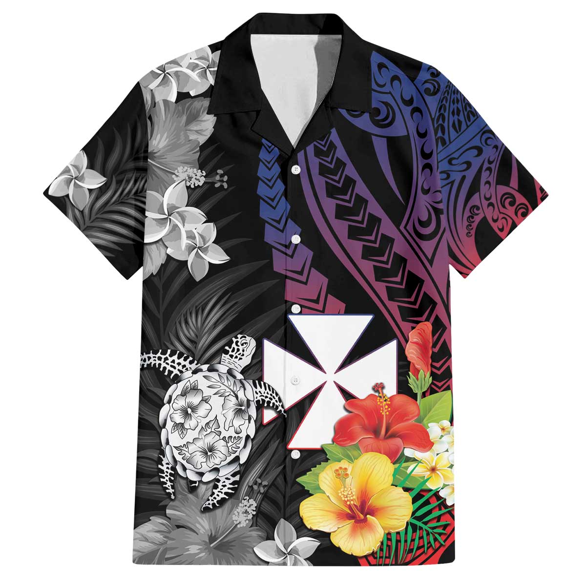 Wallis and Futuna Bastille Day Family Matching Puletasi and Hawaiian Shirt Tropical Turtle Hibiscus Polynesian Pattern
