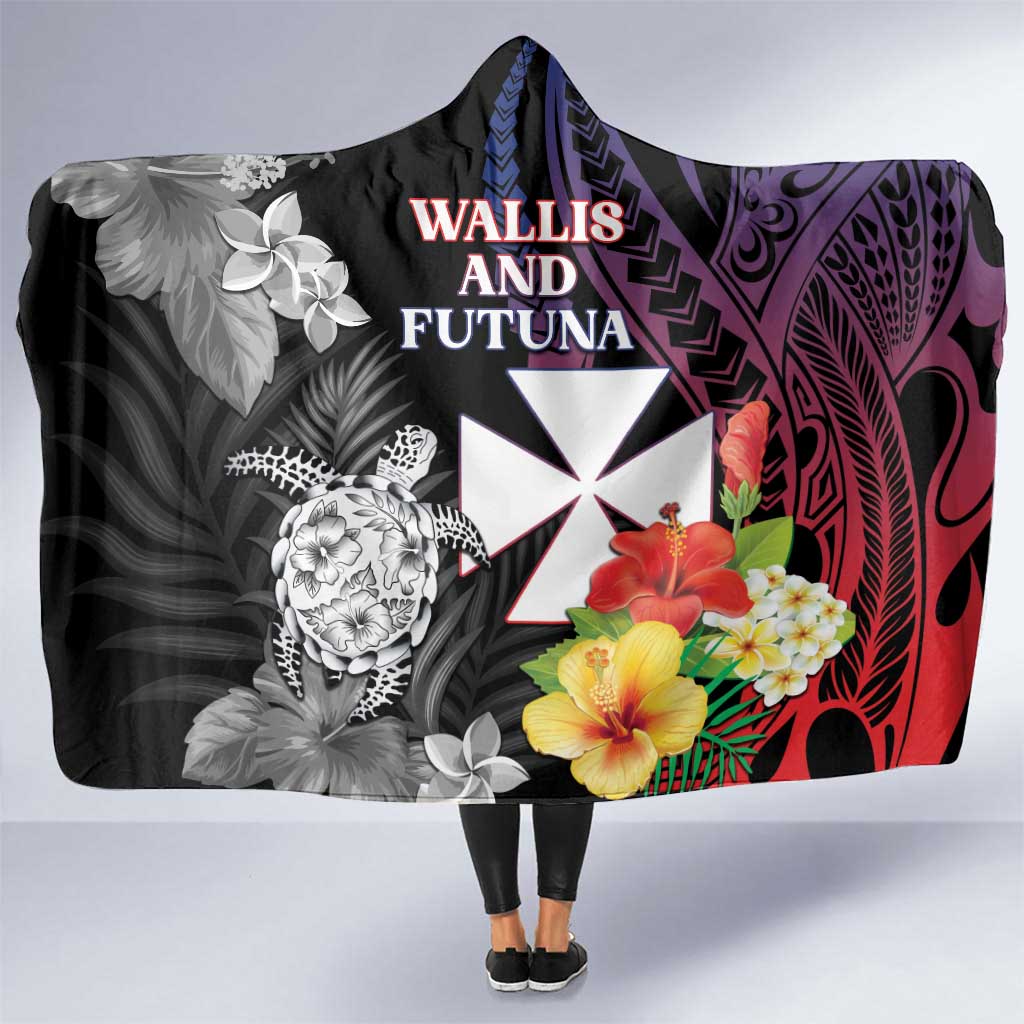 Wallis and Futuna Bastille Day Hooded Blanket Tropical Turtle Hibiscus Polynesian Pattern