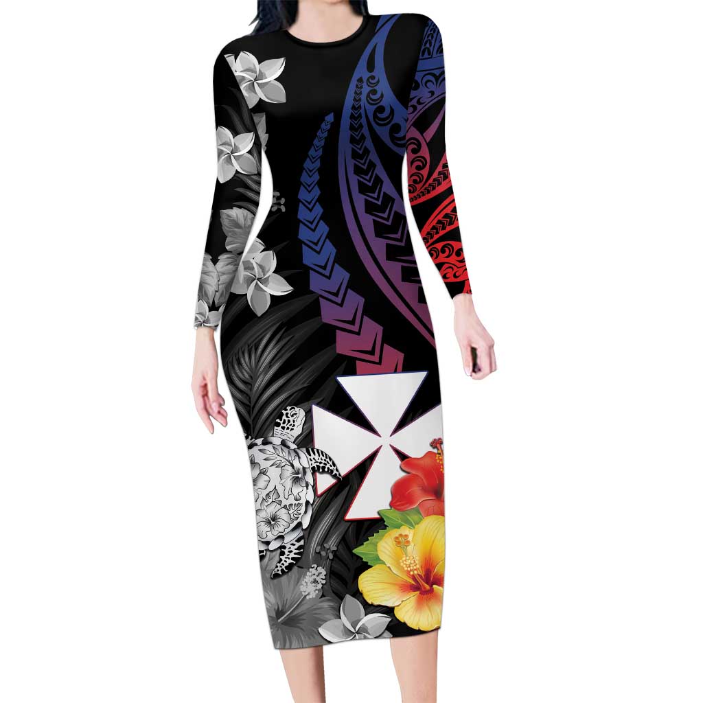 Wallis and Futuna Bastille Day Long Sleeve Bodycon Dress Tropical Turtle Hibiscus Polynesian Pattern