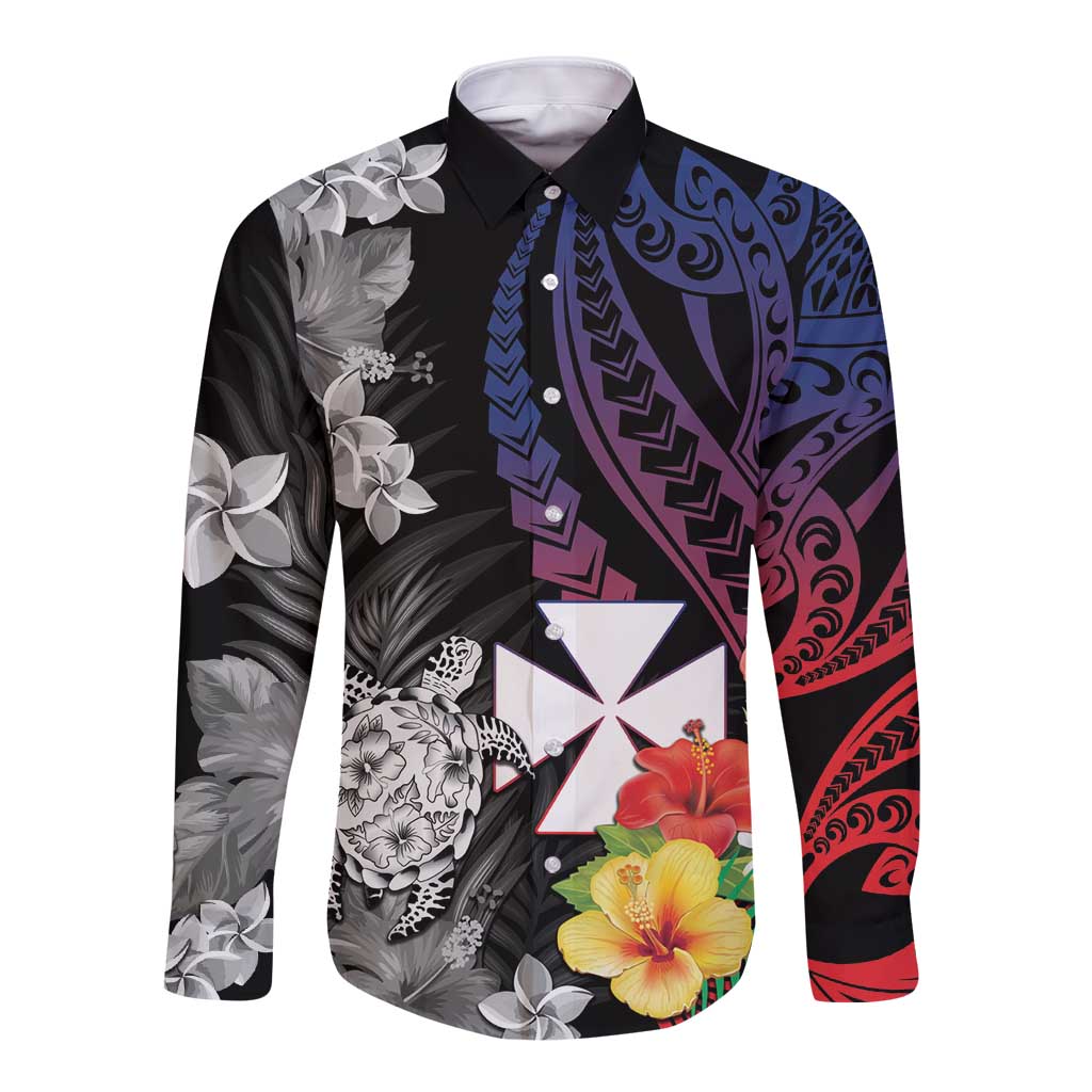 Wallis and Futuna Bastille Day Long Sleeve Button Shirt Tropical Turtle Hibiscus Polynesian Pattern