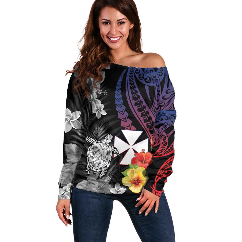 Wallis and Futuna Bastille Day Off Shoulder Sweater Tropical Turtle Hibiscus Polynesian Pattern