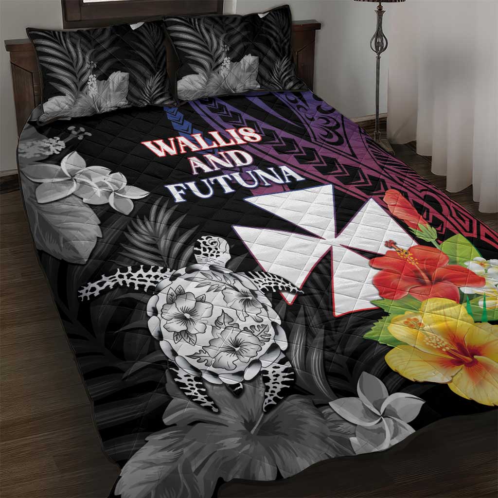 Wallis and Futuna Bastille Day Quilt Bed Set Tropical Turtle Hibiscus Polynesian Pattern