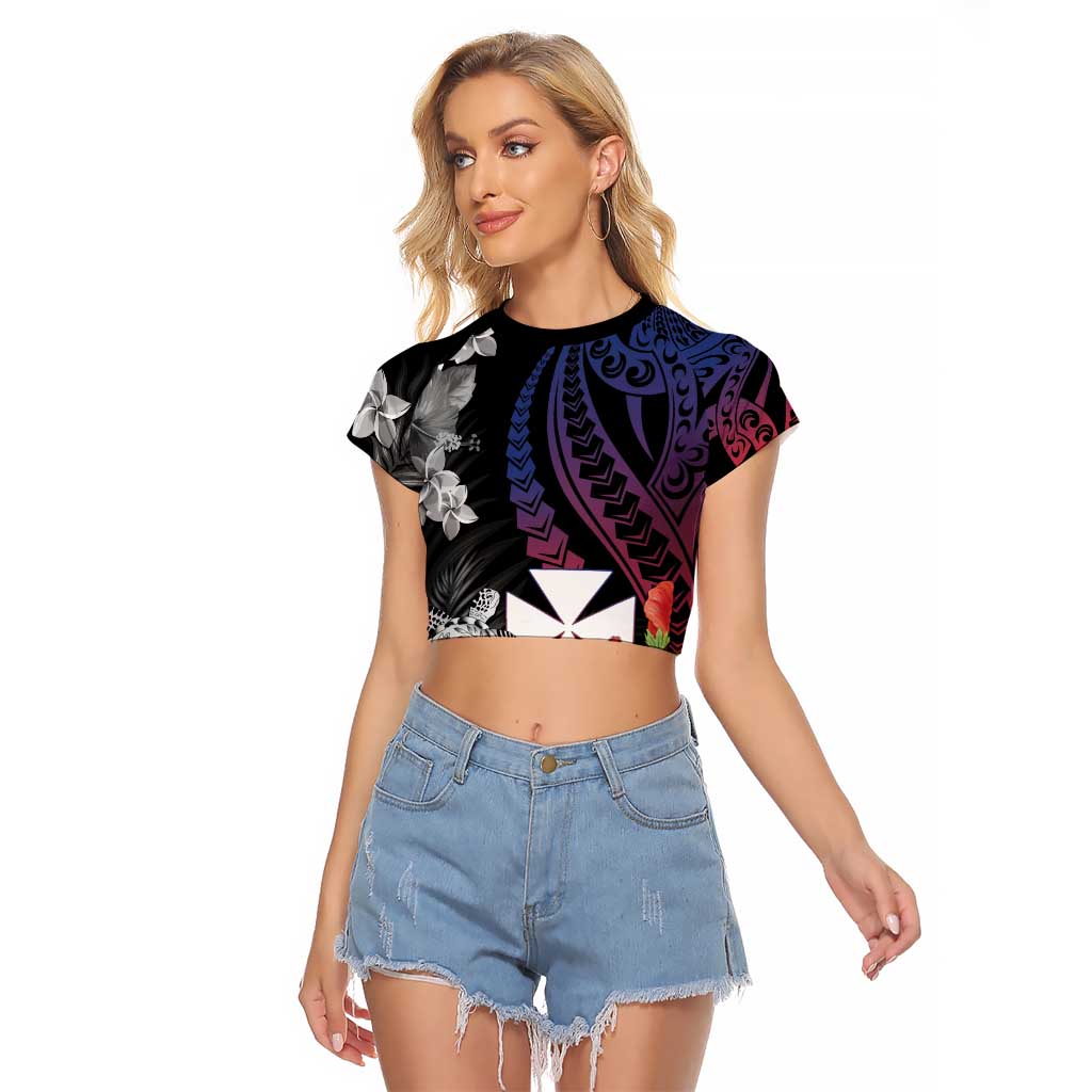 Wallis and Futuna Bastille Day Raglan Cropped T Shirt Tropical Turtle Hibiscus Polynesian Pattern