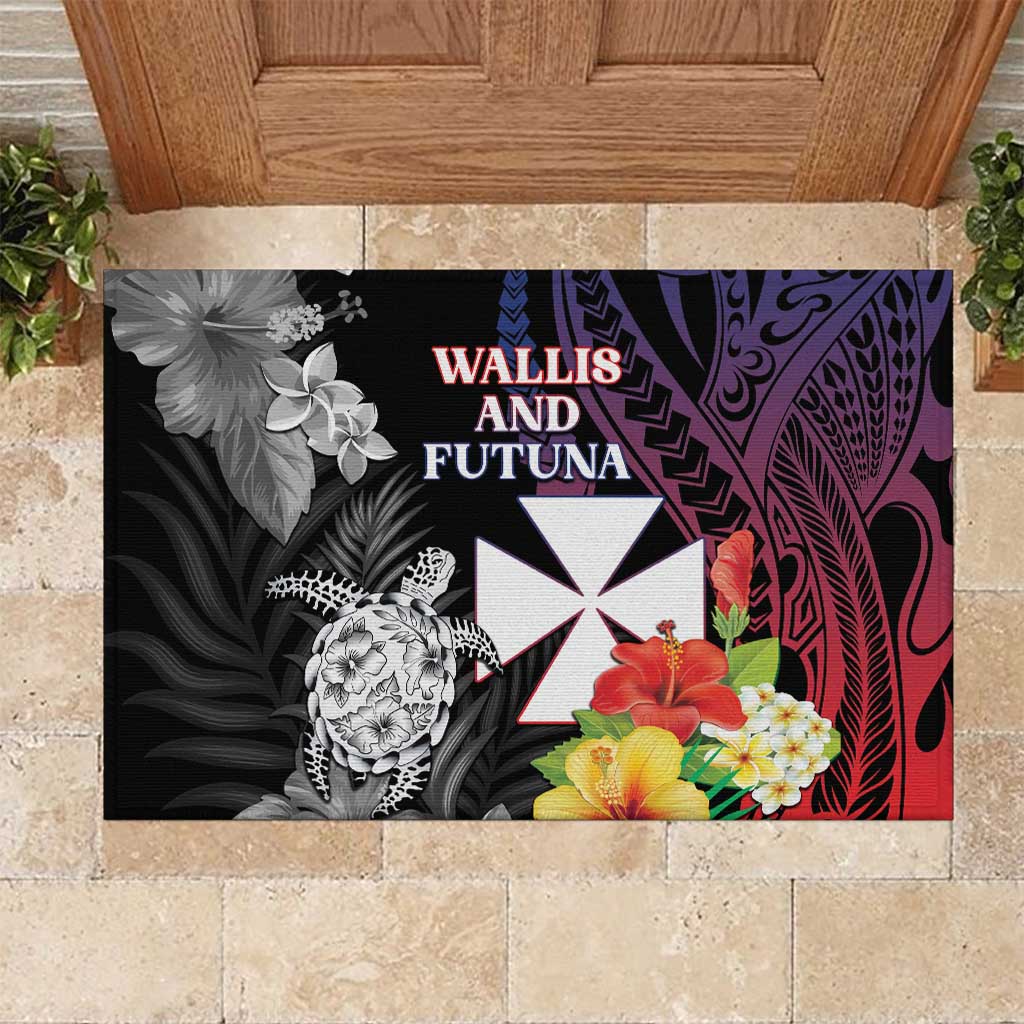 Wallis and Futuna Bastille Day Rubber Doormat Tropical Turtle Hibiscus Polynesian Pattern