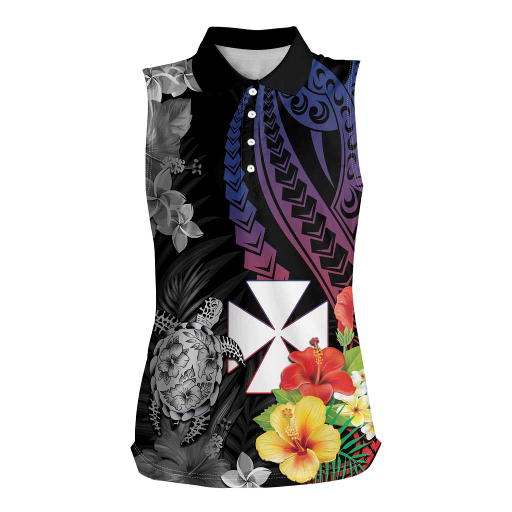 Wallis and Futuna Bastille Day Women Sleeveless Polo Shirt Tropical Turtle Hibiscus Polynesian Pattern