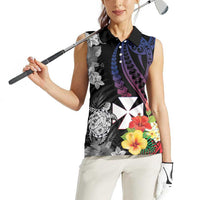 Wallis and Futuna Bastille Day Women Sleeveless Polo Shirt Tropical Turtle Hibiscus Polynesian Pattern