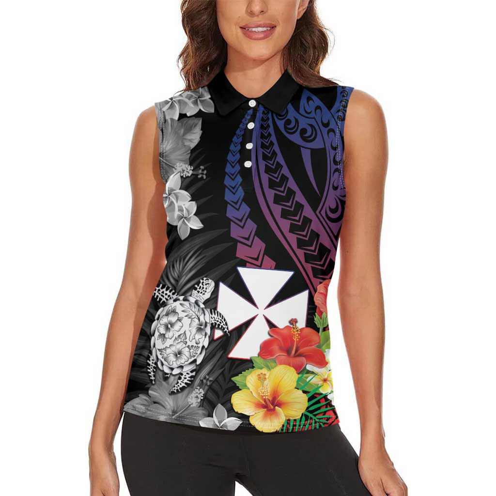 Wallis and Futuna Bastille Day Women Sleeveless Polo Shirt Tropical Turtle Hibiscus Polynesian Pattern