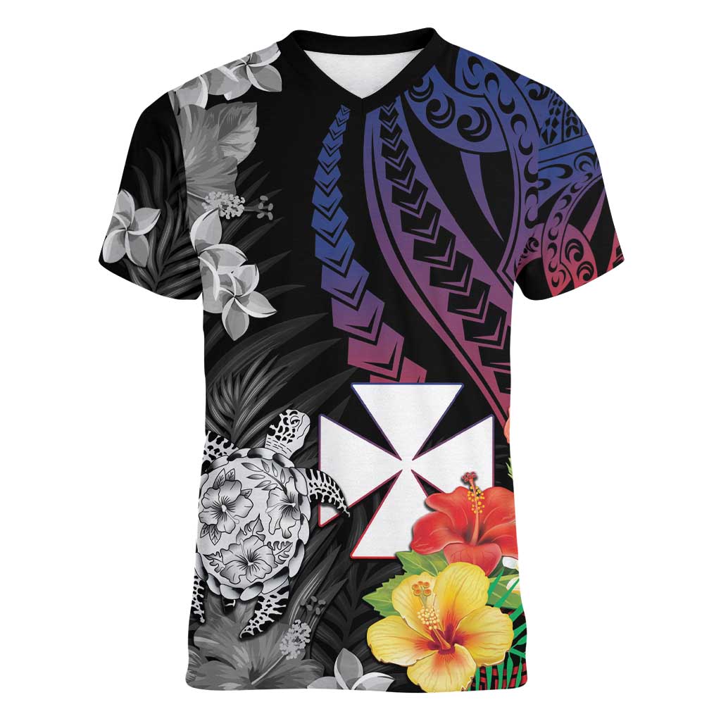 Wallis and Futuna Bastille Day Women V-Neck T-Shirt Tropical Turtle Hibiscus Polynesian Pattern