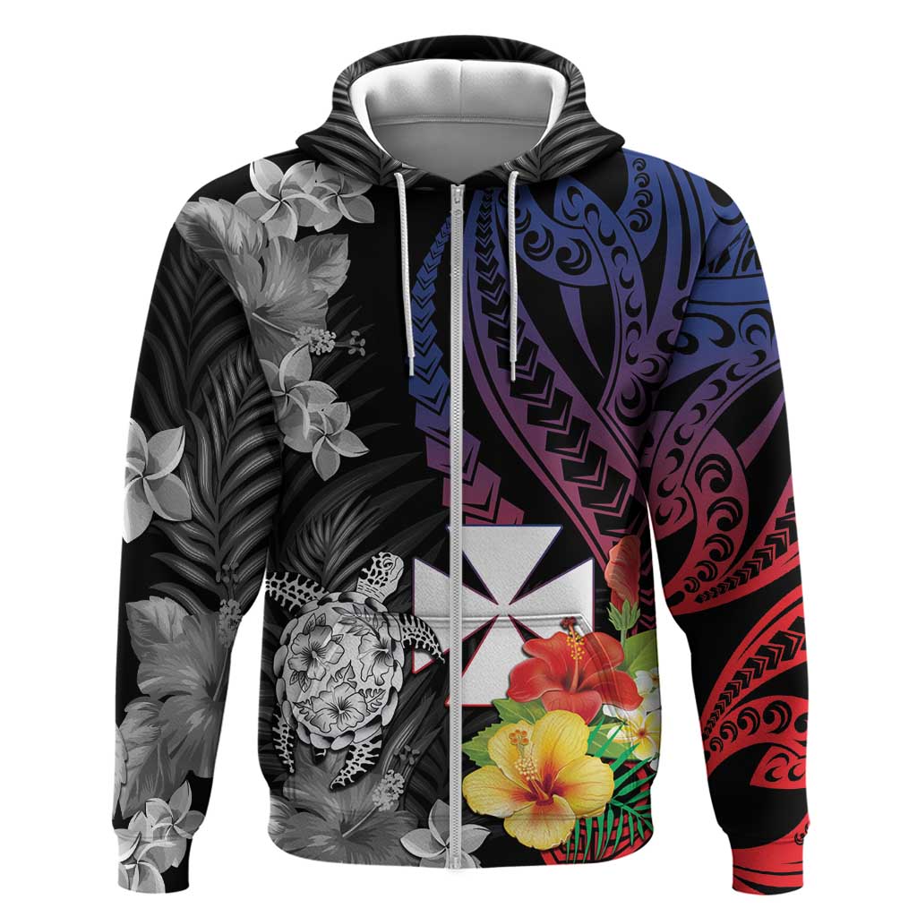 Wallis and Futuna Bastille Day Zip Hoodie Tropical Turtle Hibiscus Polynesian Pattern