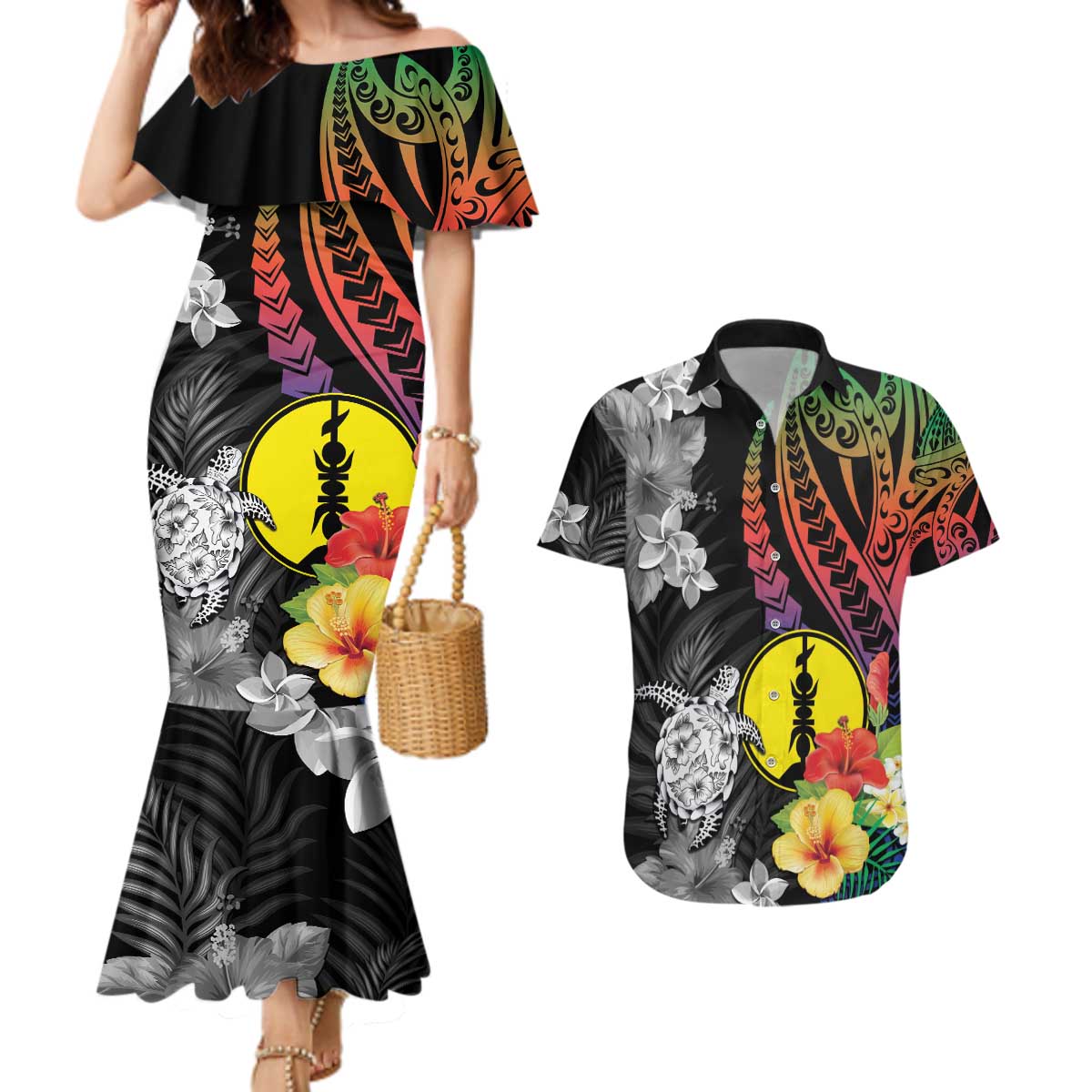 New Caledonia Bastille Day Couples Matching Mermaid Dress and Hawaiian Shirt Tropical Turtle Hibiscus Polynesian Pattern