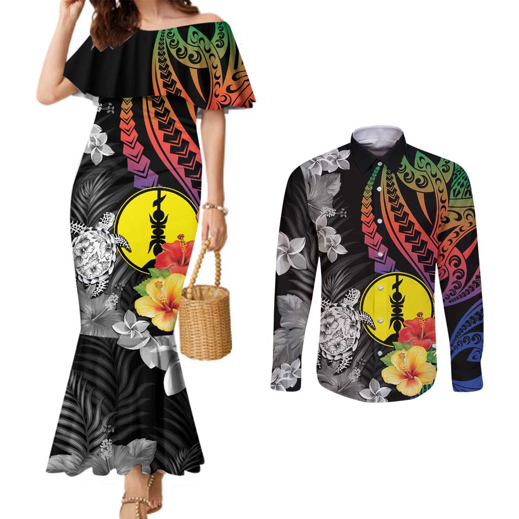 New Caledonia Bastille Day Couples Matching Mermaid Dress and Long Sleeve Button Shirt Tropical Turtle Hibiscus Polynesian Pattern