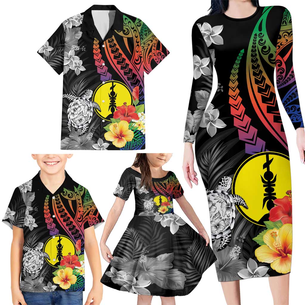 New Caledonia Bastille Day Family Matching Long Sleeve Bodycon Dress and Hawaiian Shirt Tropical Turtle Hibiscus Polynesian Pattern