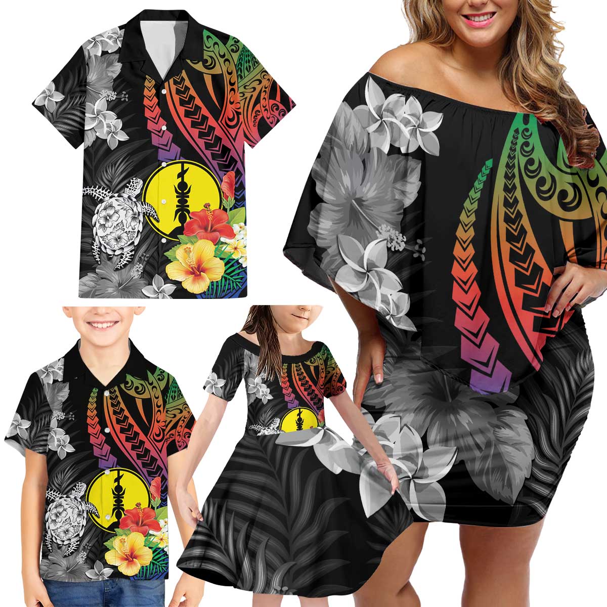 New Caledonia Bastille Day Family Matching Off Shoulder Short Dress and Hawaiian Shirt Tropical Turtle Hibiscus Polynesian Pattern