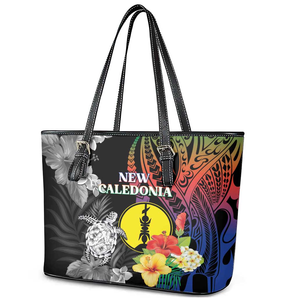 New Caledonia Bastille Day Leather Tote Bag Tropical Turtle Hibiscus Polynesian Pattern