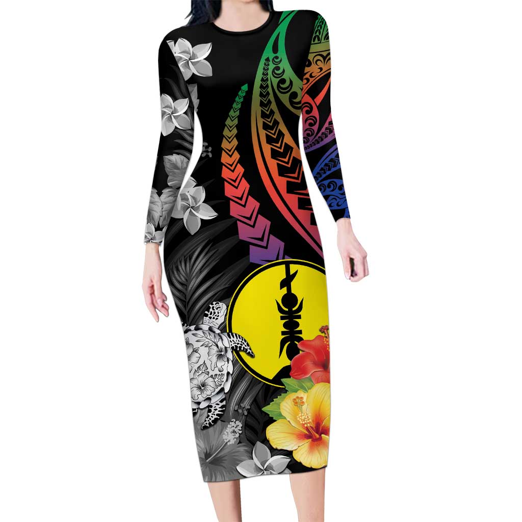 New Caledonia Bastille Day Long Sleeve Bodycon Dress Tropical Turtle Hibiscus Polynesian Pattern