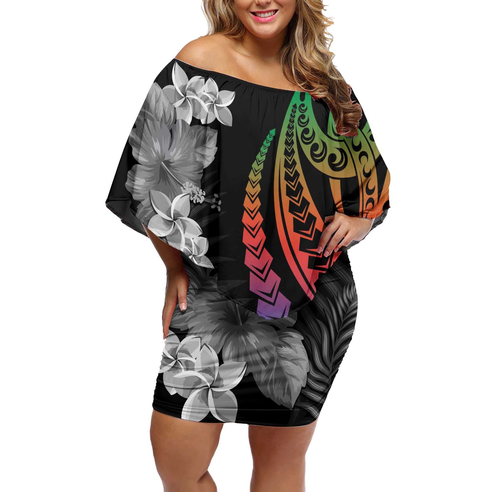 New Caledonia Bastille Day Off Shoulder Short Dress Tropical Turtle Hibiscus Polynesian Pattern