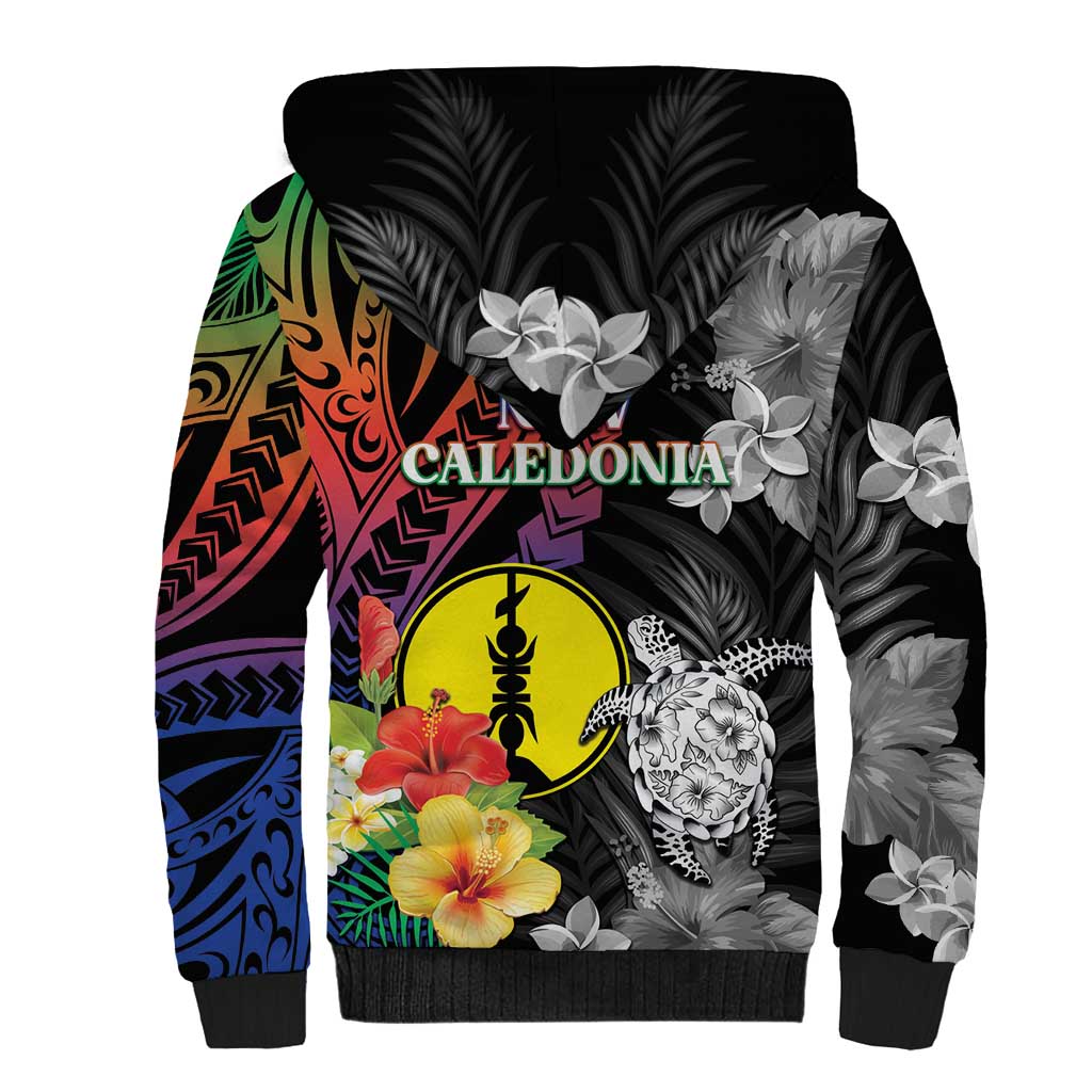 New Caledonia Bastille Day Sherpa Hoodie Tropical Turtle Hibiscus Polynesian Pattern