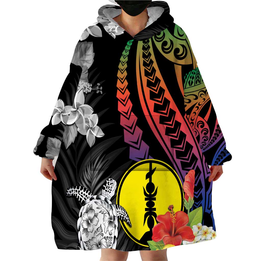 New Caledonia Bastille Day Wearable Blanket Hoodie Tropical Turtle Hibiscus Polynesian Pattern