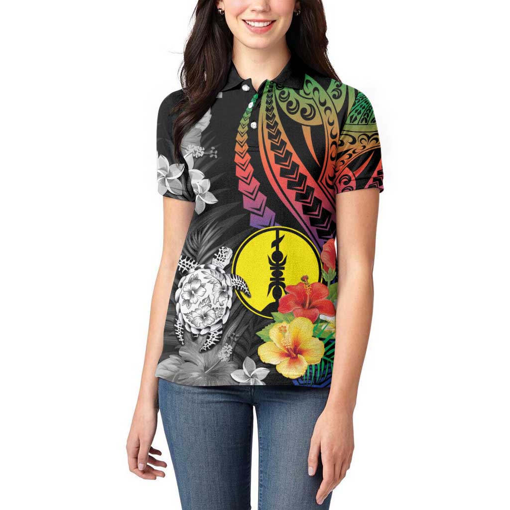 New Caledonia Bastille Day Women Polo Shirt Tropical Turtle Hibiscus Polynesian Pattern