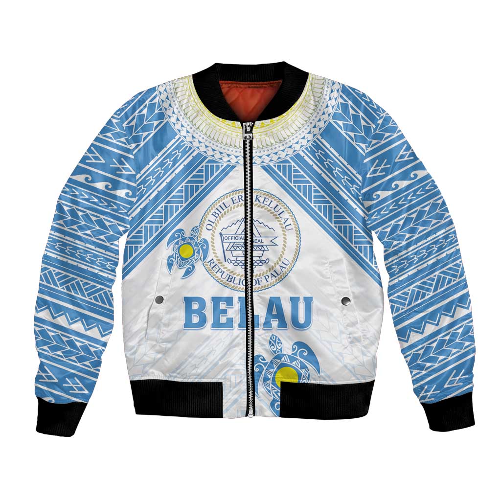 Personalised Palau Constitution Day Bomber Jacket Polynesian Turtle