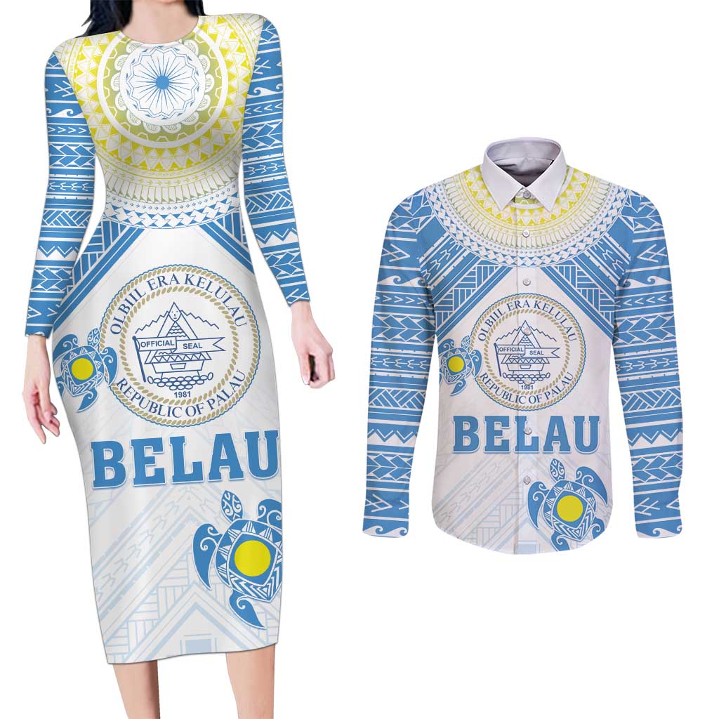 Personalised Palau Constitution Day Couples Matching Long Sleeve Bodycon Dress and Long Sleeve Button Shirt Polynesian Turtle