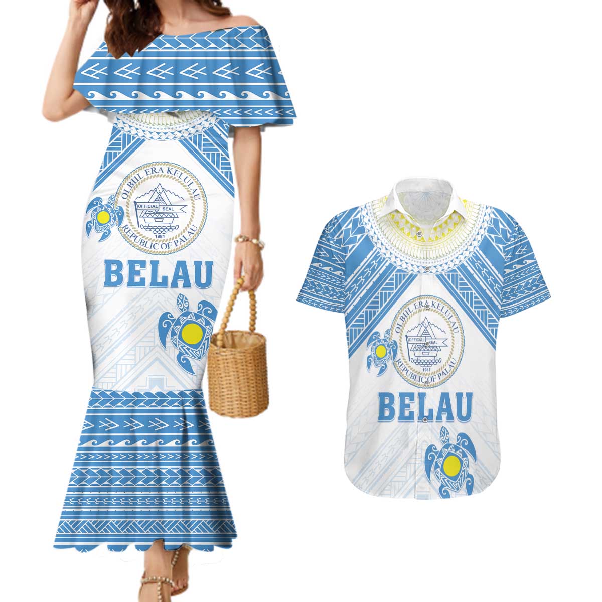 Personalised Palau Constitution Day Couples Matching Mermaid Dress and Hawaiian Shirt Polynesian Turtle