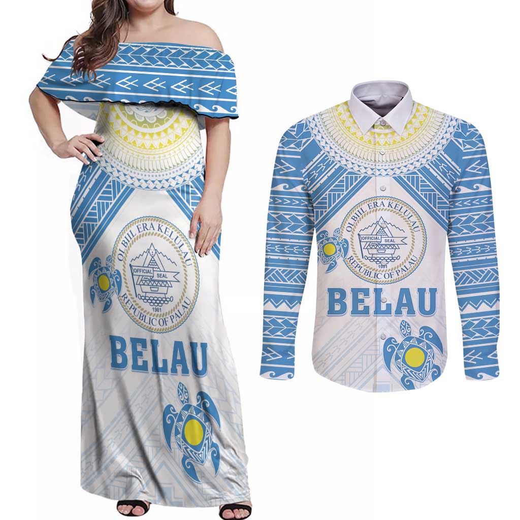 Personalised Palau Constitution Day Couples Matching Off Shoulder Maxi Dress and Long Sleeve Button Shirt Polynesian Turtle