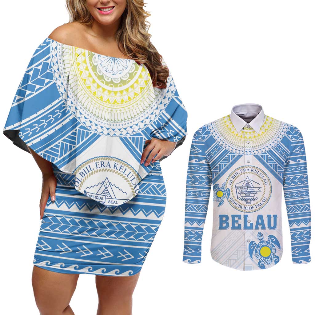 Personalised Palau Constitution Day Couples Matching Off Shoulder Short Dress and Long Sleeve Button Shirt Polynesian Turtle