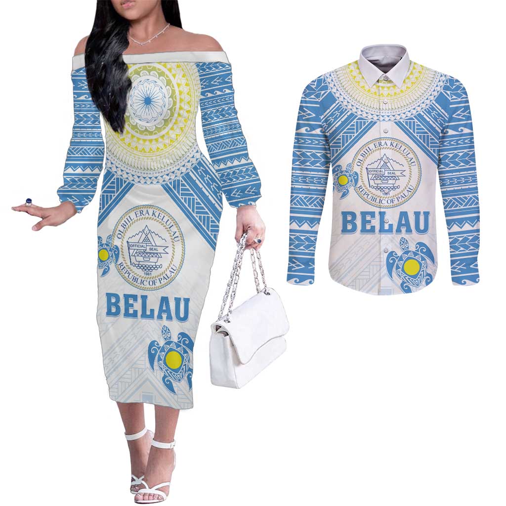 Personalised Palau Constitution Day Couples Matching Off The Shoulder Long Sleeve Dress and Long Sleeve Button Shirt Polynesian Turtle