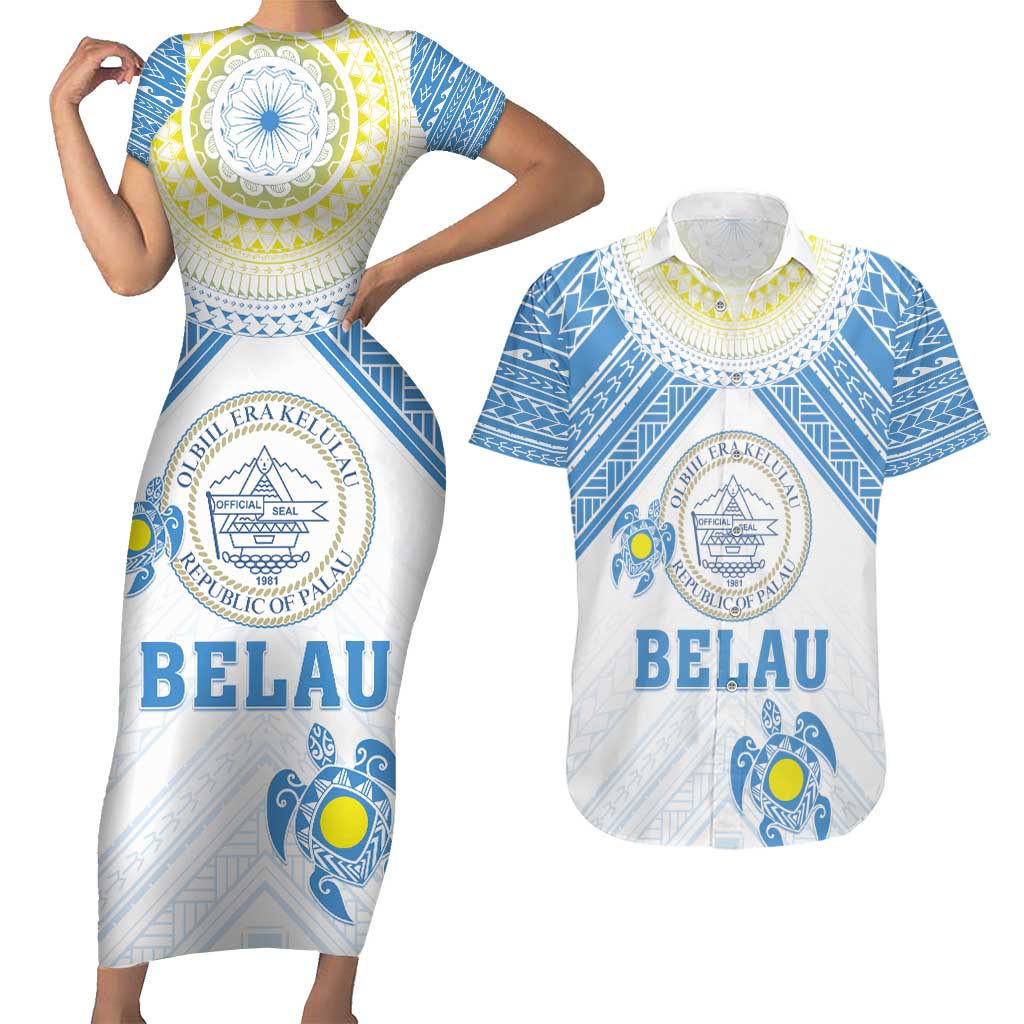 Personalised Palau Constitution Day Couples Matching Short Sleeve Bodycon Dress and Hawaiian Shirt Polynesian Turtle