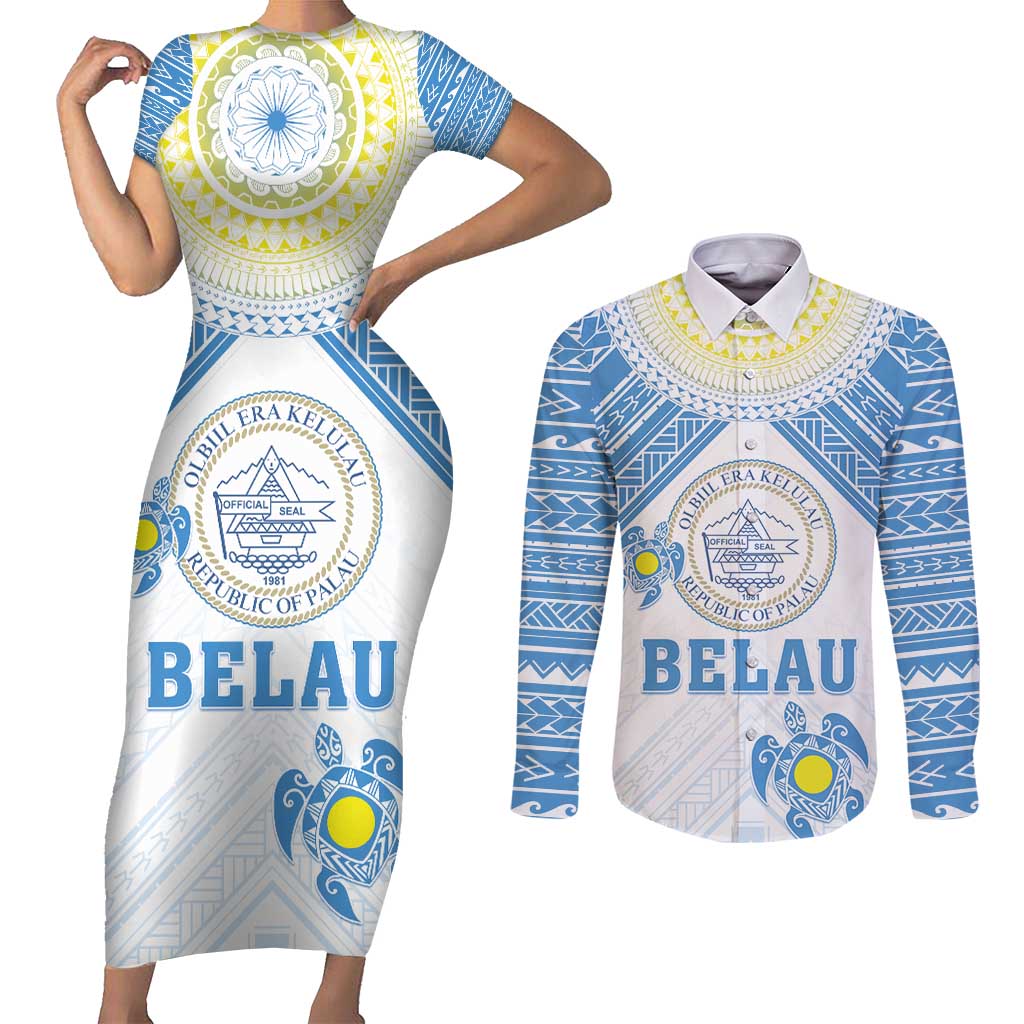 Personalised Palau Constitution Day Couples Matching Short Sleeve Bodycon Dress and Long Sleeve Button Shirt Polynesian Turtle