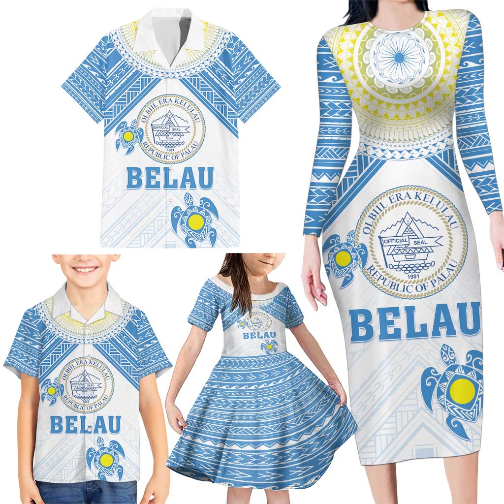 Personalised Palau Constitution Day Family Matching Long Sleeve Bodycon Dress and Hawaiian Shirt Polynesian Turtle