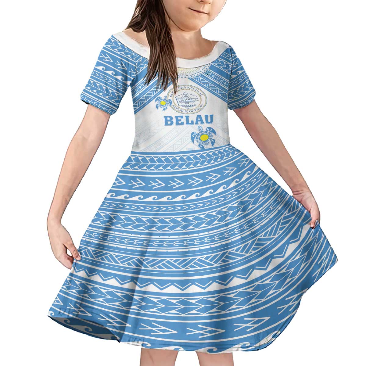 Personalised Palau Constitution Day Family Matching Off The Shoulder Long Sleeve Dress and Hawaiian Shirt Polynesian Turtle