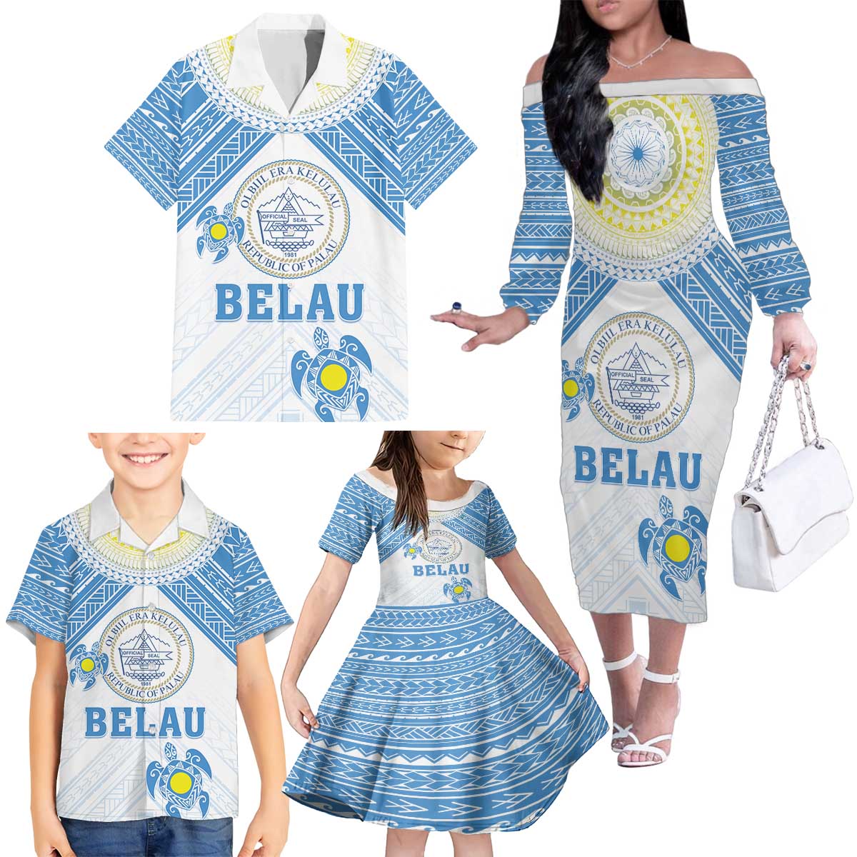 Personalised Palau Constitution Day Family Matching Off The Shoulder Long Sleeve Dress and Hawaiian Shirt Polynesian Turtle