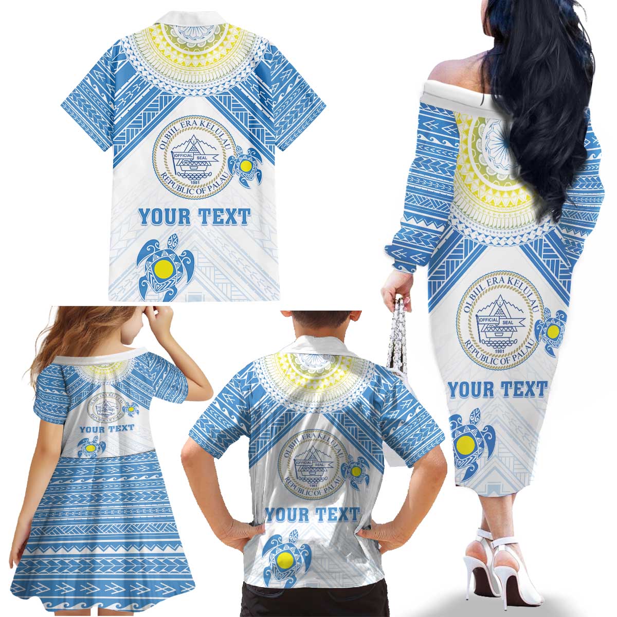 Personalised Palau Constitution Day Family Matching Off The Shoulder Long Sleeve Dress and Hawaiian Shirt Polynesian Turtle