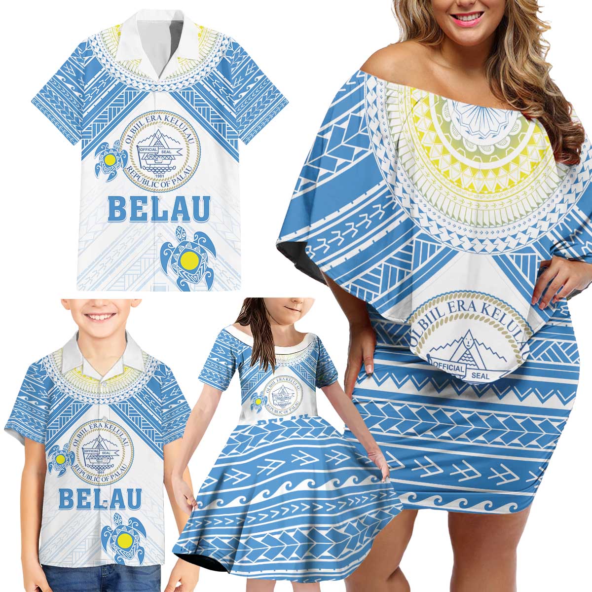 Personalised Palau Constitution Day Family Matching Off Shoulder Short Dress and Hawaiian Shirt Polynesian Turtle