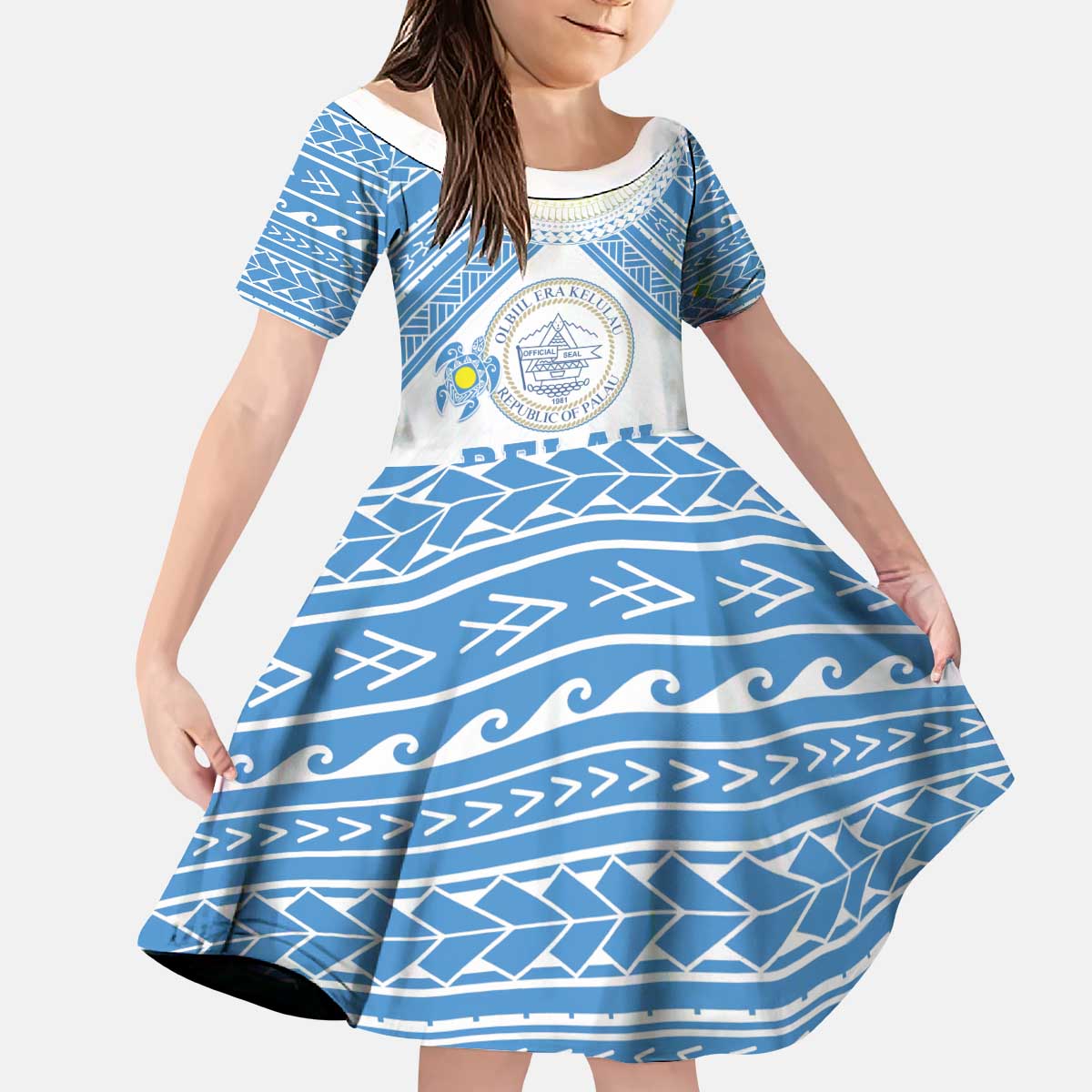 Personalised Palau Constitution Day Kid Short Sleeve Dress Polynesian Turtle